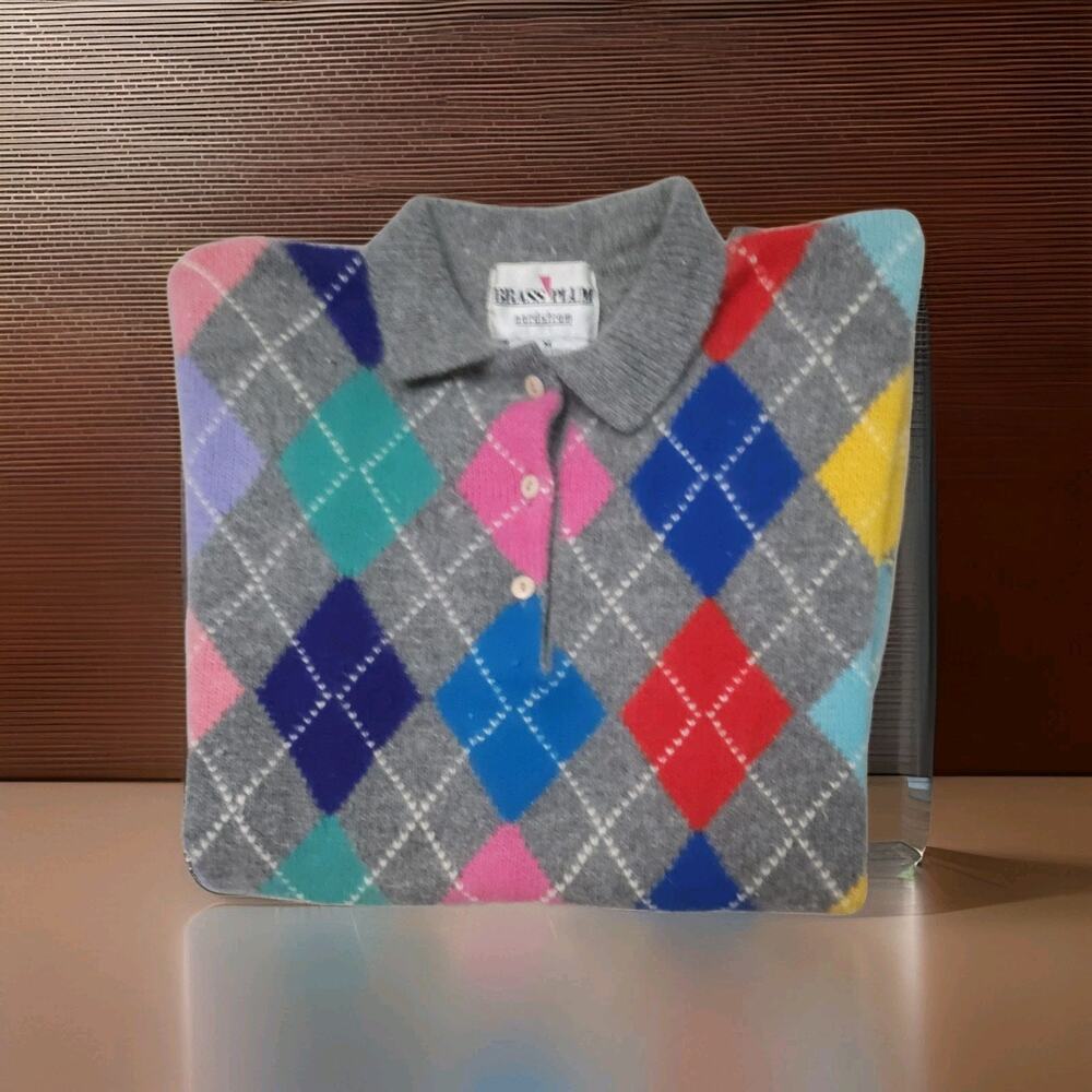 Brass Plum 40 % Argyle Wool Sweater VTG 80s 90s Pastel Grandpa Core S Shetland M